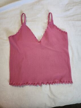 Ambiance Pink Ribbed V-Neck Frilly Cami Tank